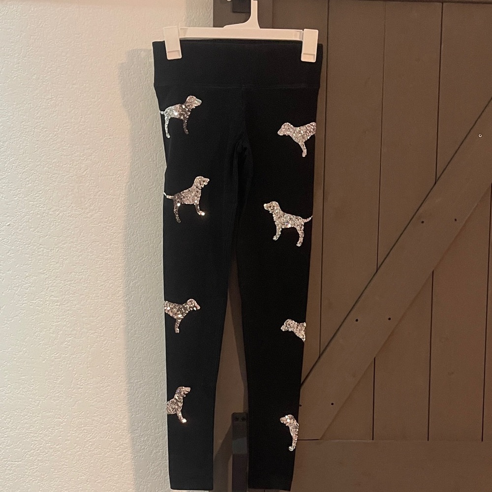 PINK Victoria's Secret Black Leggings with Silver Dog Design